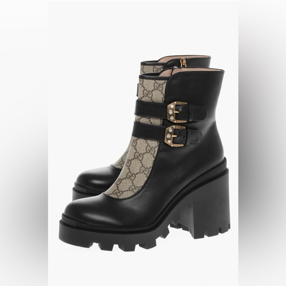 New Gucci boots GG monogram Crystal Buckle Black Ankle Combat Boots Size 38.5 - Picture 3 of 9